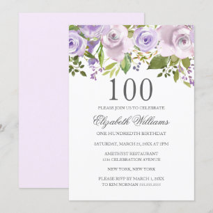 Invitation Aquarelle violette Lilac Floral 100e anniversaire