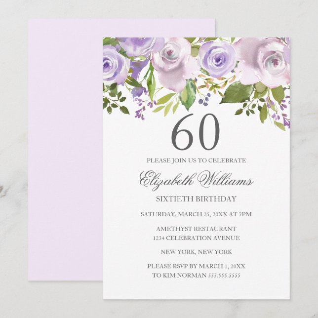 Invitation Aquarelle violette Lilac Floral 60e anniversaire (Devant / Derrière)