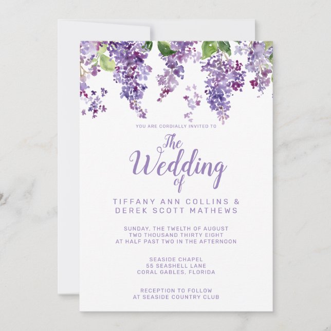 Invitation Aquarelle violette Lilacs Mariage Floral (Devant)