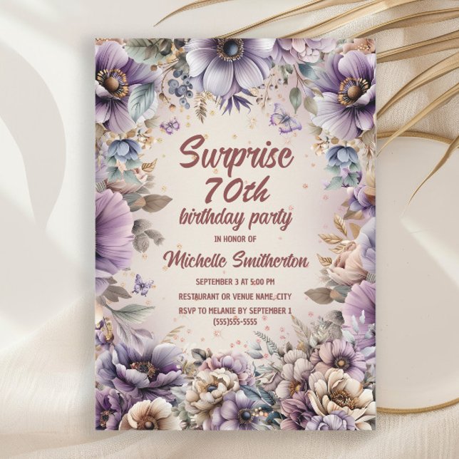 Invitation Aquarelle violette Papillons floraux Surprise 70e (Purple watercolor floral and butterflies surprise 70th birthday party invitation for her)