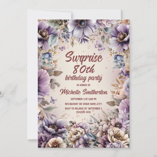 Invitation Aquarelle violette Papillons floraux Surprise 80e (Devant)