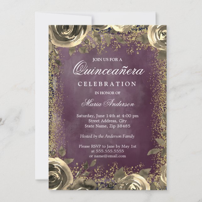 Invitation Aquarelle violette Parties scintillant or Quincean (Devant)