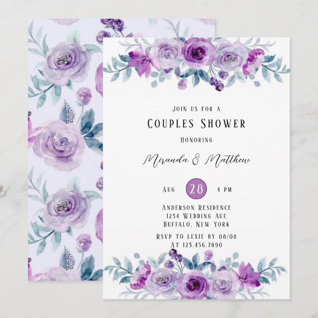 Invitation Aquarelle violette Peony Eucalyptus Couples Douche (Devant / Derrière)