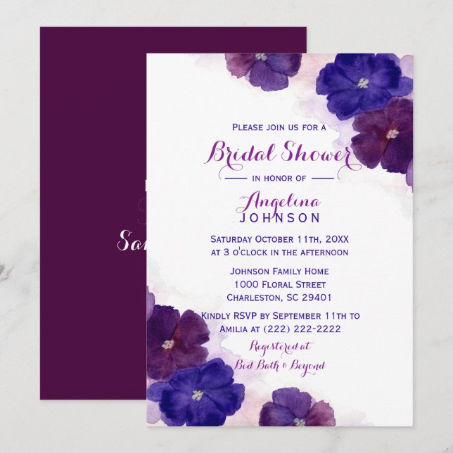 Invitation Aquarelle violette Plum violet Fête des mariées fl (Devant / Derrière)