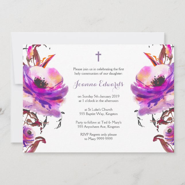 Invitation Aquarelle violette première communion florale (Devant)