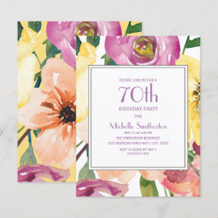 Invitation Aquarelle violette rose jaune 70e anniversaire
