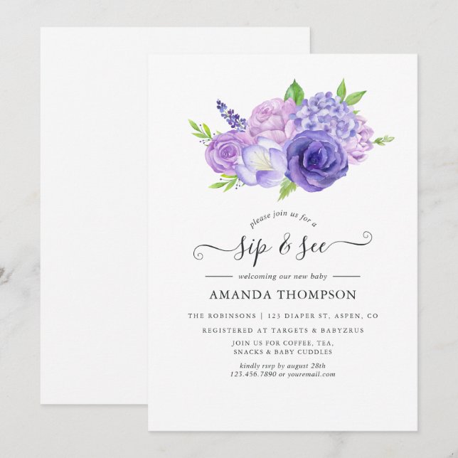 Invitation Aquarelle violette Sip floral et voir l'invitation (Devant / Derrière)