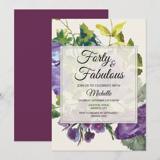 Invitation Aquarelle violette Vins floraux 40e anniversaire (Devant / Derrière)