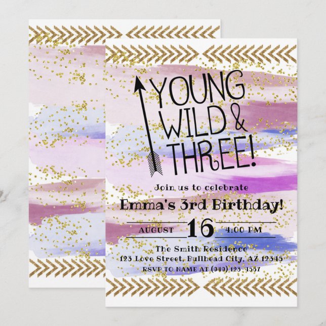 Invitation Aquarelle violette Young Wild & Three 3e anniversa (Devant / Derrière)