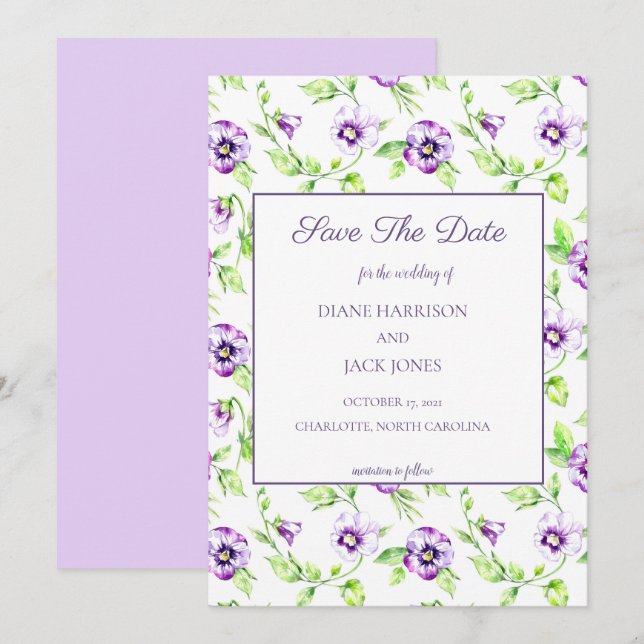 Invitation Aquarelle Violettes Sauvées pour la Date (Devant / Derrière)