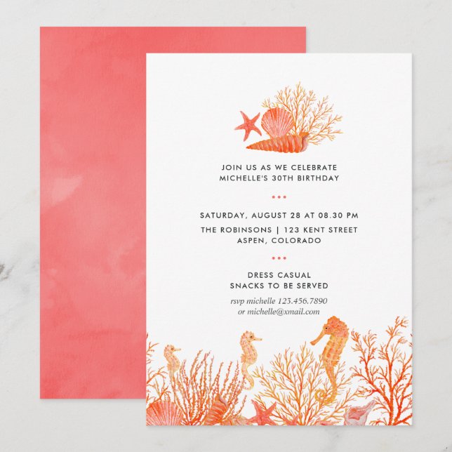 Invitation Aquarelle Vivant Corail sous la mer Anniversaire (Devant / Derrière)