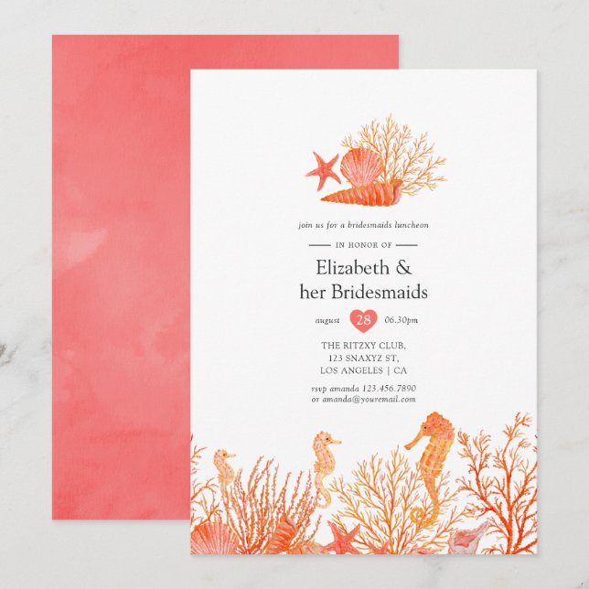 Invitation Aquarelle Vivante Coral Beach Bridesmaitres Déjeun (Devant / Derrière)