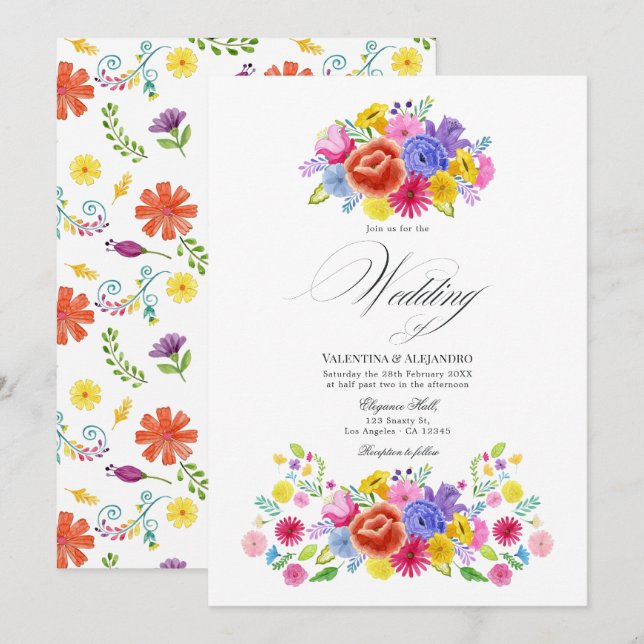 Invitation Aquarelle vive Floral Fiesta Design Mariage (Devant / Derrière)
