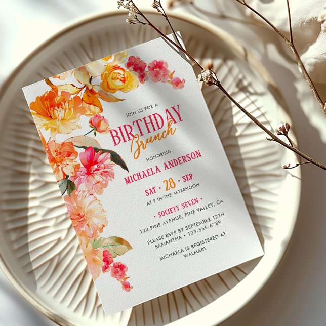 Invitation Aquarelle vive Florale Anniversaire Brunch/Déjeune (Créateur téléchargé)