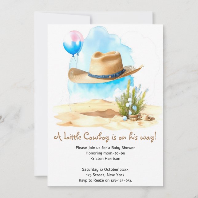 Invitation Aquarelle Western : Baby Boy's Cowboy Shower (Devant)