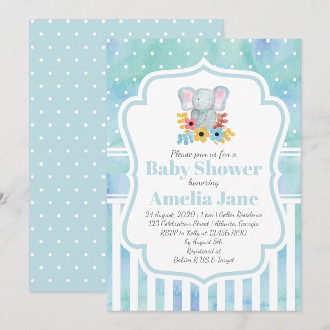 Invitation Aquarelle Whimsical Elephant Boy Baby shower (Devant / Derrière)