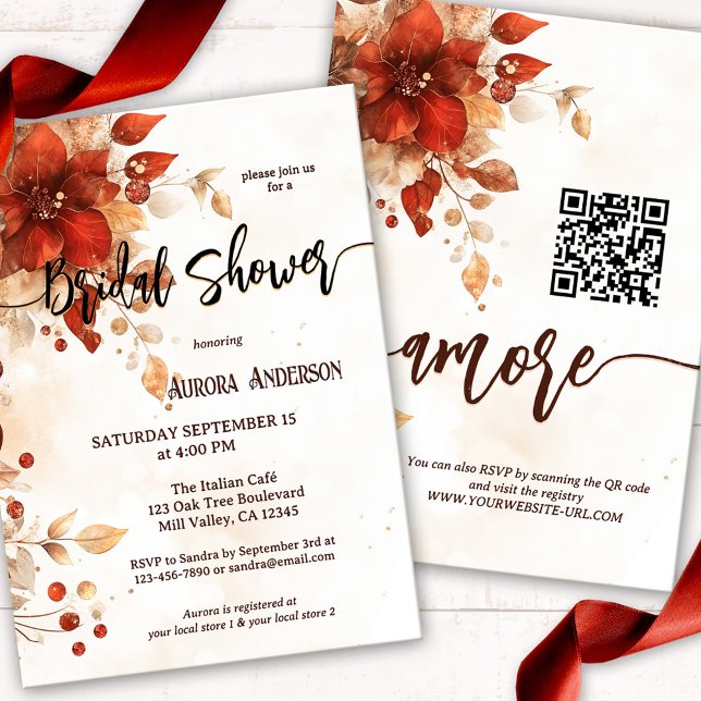 Invitation Aquarelle Whimsical Fête des mariées Florale itali (Whimsical Italy inspired bridal shower invitation showing red watercolor flowers and script text)