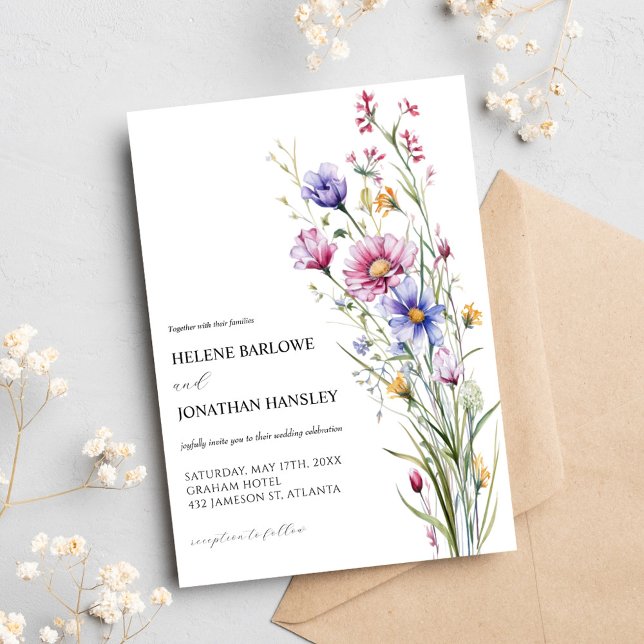 Invitation Aquarelle Whimsical Fleur sauvage Élégant mariage (Watercolor Whimsical Wildflower Elegant Wedding Invitation)