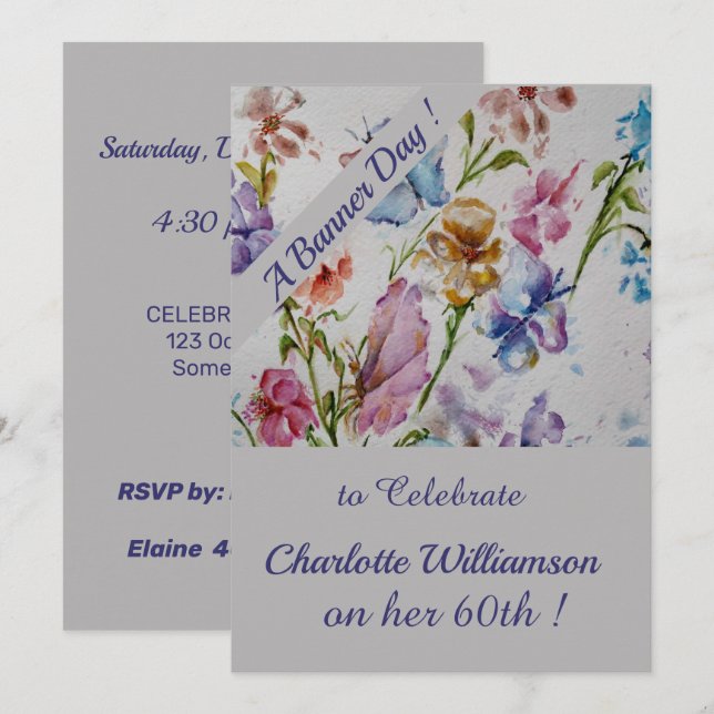 Invitation Aquarelle Whimsical Floral Anniversaire (Devant / Derrière)