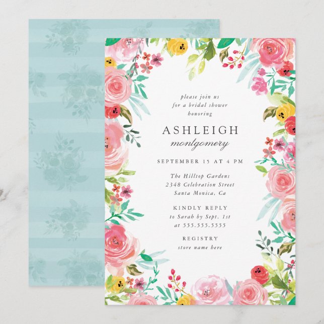 Invitation Aquarelle Whimsical Floral Fête des mariées de cou (Devant / Derrière)