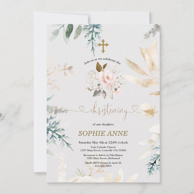 Invitation Aquarelle Whimsical Rose Floral Or Christening (Devant)