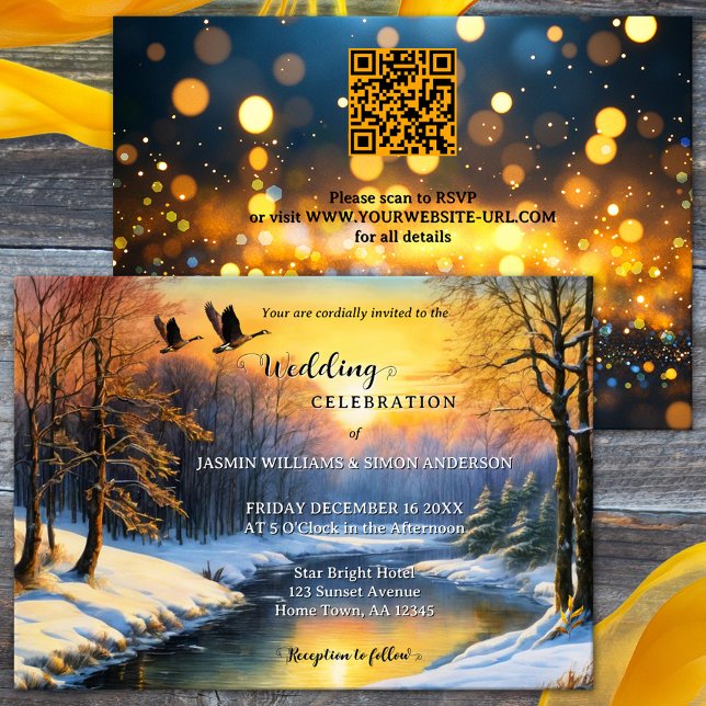 Invitation Aquarelle Whimsical Winter All-in-One Mariage (Winter wedding invitation featuring a whimsical watercolor painting of snow covered forest at sunset)