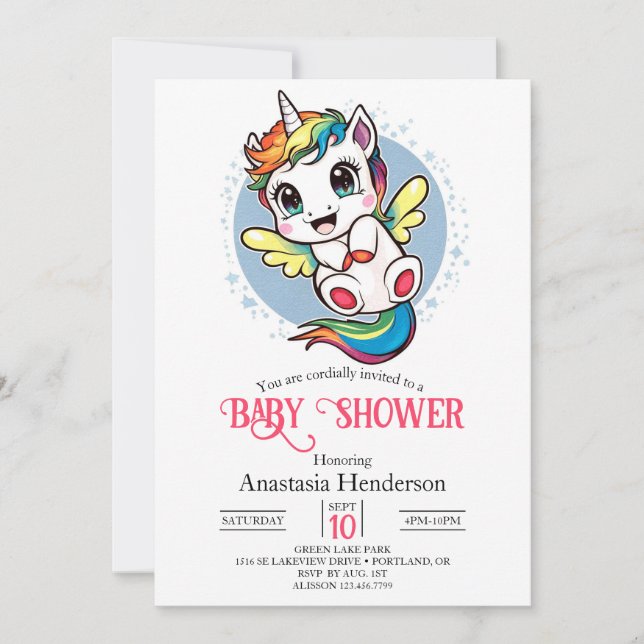 Invitation Aquarelle Whimsy Unicorn Baby shower (Devant)