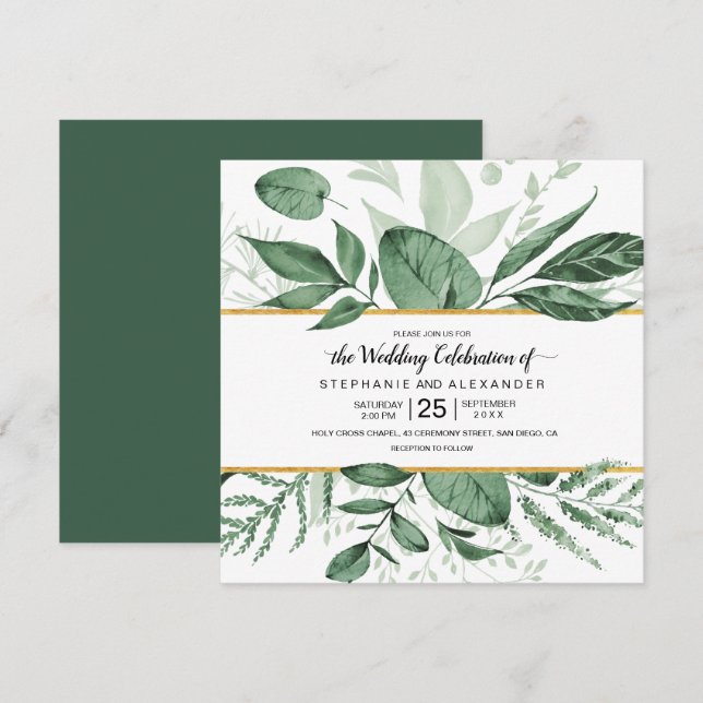 Invitation Aquarelle Wild Feuilles Hunter Mariage vert (Devant / Derrière)