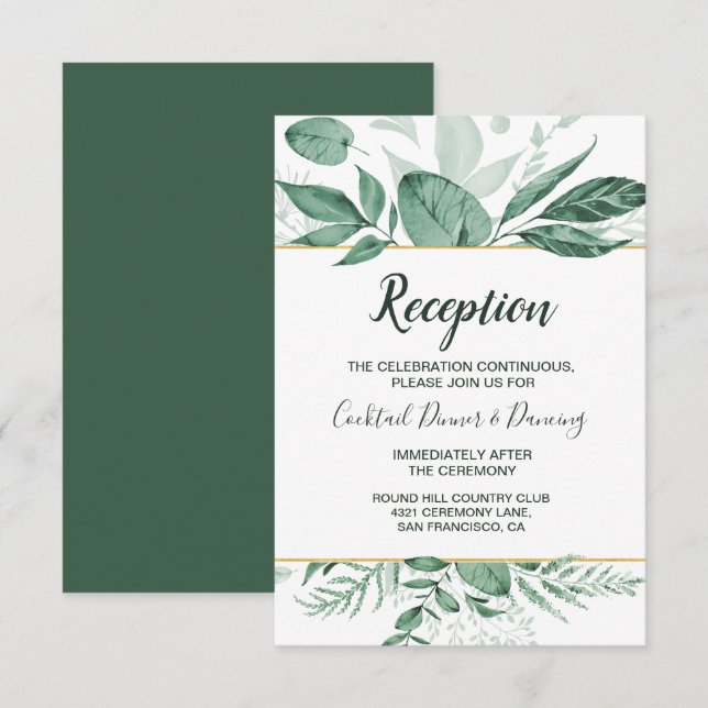 Invitation Aquarelle Wild Feuilles Hunter Mariage vert (Devant / Derrière)