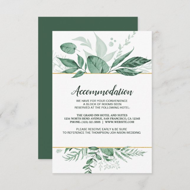 Invitation Aquarelle Wild Feuilles Hunter Mariage vert (Devant / Derrière)