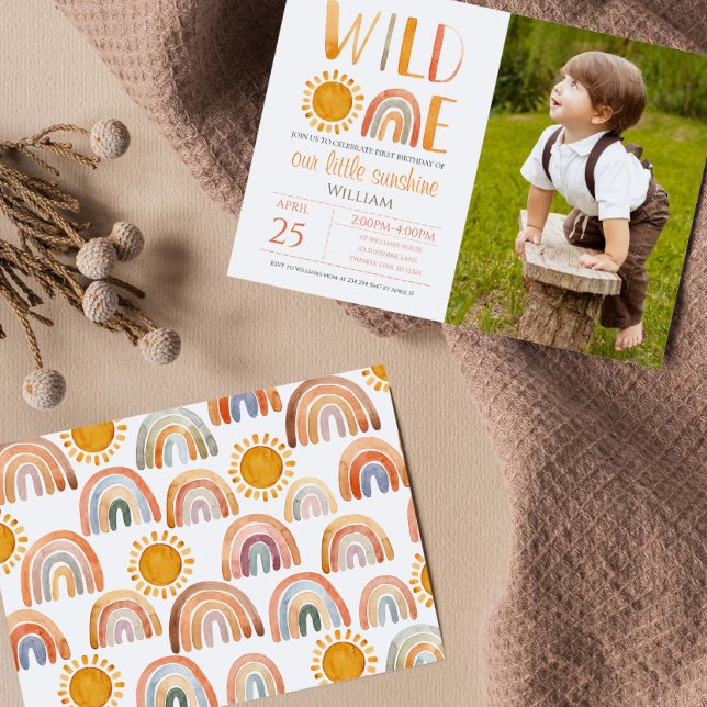 Invitation Aquarelle Wild One 1er anniversaire Rainbow et Sun (Créateur téléchargé)
