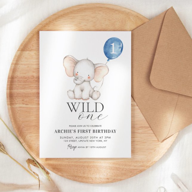 Invitation Aquarelle Wild One Elephant Garçons 1er anniversai (wild one invitation elephant birthday invitation with balloon template cute boy first birthday )