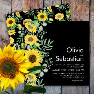 Invitation Aquarelle Yellow Sunflowers Carré noir Mariage