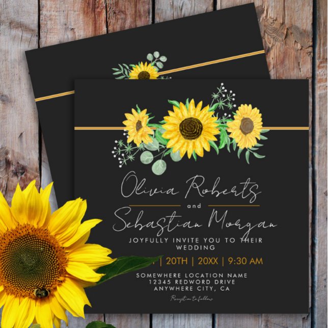 Invitation Aquarelle Yellow Sunflowers Carré noir Mariage (Créateur téléchargé)