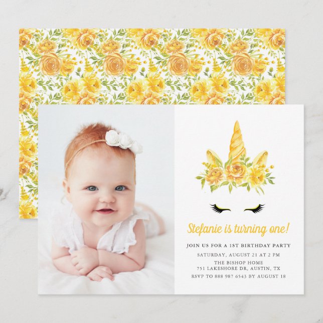 Invitation Aquarelle Yellow Unicorn Floral Premier anniversai (Devant / Derrière)
