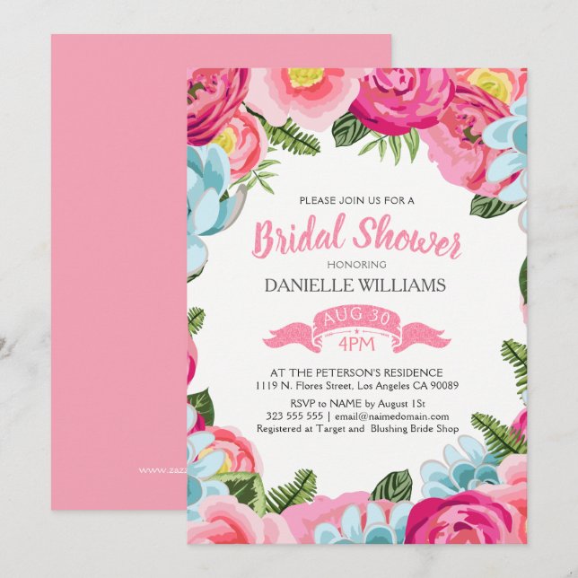 Invitation Aquarelles colorées Fleurs Cadre (Devant / Derrière)