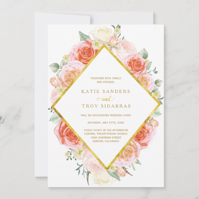 Invitation Aquarelles Corail, Pêche et Roses roses roses sur  (Devant)