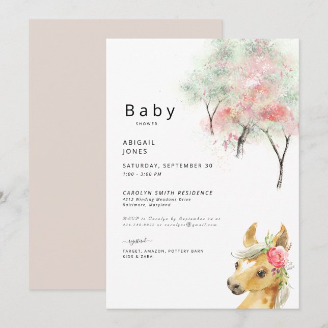 Invitation Aquarelles et Baby shower rose (Devant / Derrière)