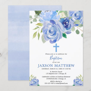 Invitation Aquarelles florales bleu marine baptême garçon