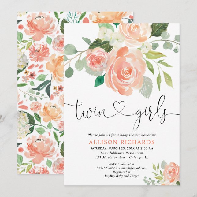 Invitation Aquarelles florales de baby shower jumeau de (Devant / Derrière)