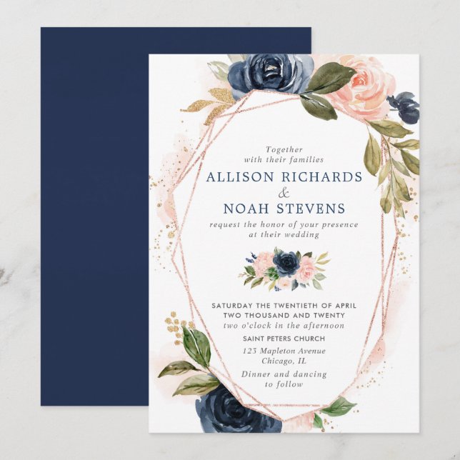 Invitation Aquarelles florales modernes en or bleu marine mar (Devant / Derrière)