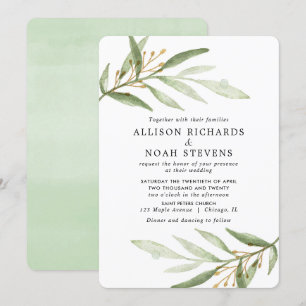 Invitation Aquarelles vertes or vert feuille mariage