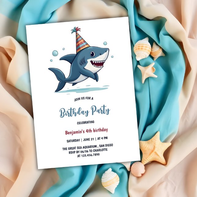Invitation Aquarium Kids Party Jote Shark Anniversaire (Aquarium Kids Party Cute Shark Birthday Invitation)