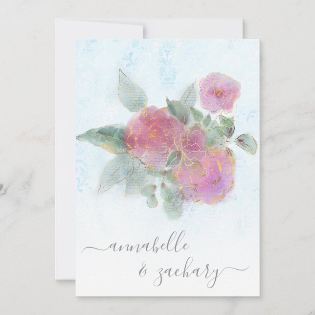 Invitation *~* AR12 QR Damask RSVP Rose Bouquet Mariage Invi (Devant)
