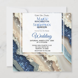 Invitation *~* AR66 QR BLUE IVORY SILVER Agate RSVP Mariage