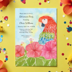 Invitation Ara scarlate et hibiscus rose pour la retraite