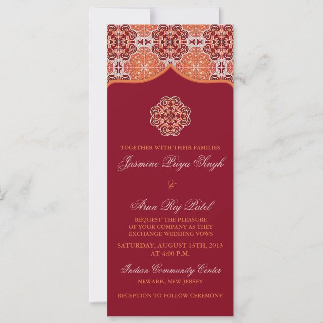 Invitation Arabesque Orange Rouge Indien Mariage Longueur du  (Devant)