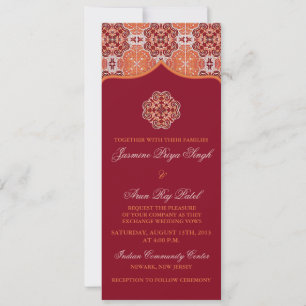 Invitation Arabesque Orange Rouge Indien Mariage Longueur du
