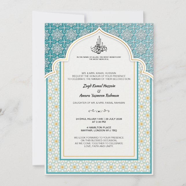 Invitation Arabesque Turquoise et Pearl-White Mariage islamiq (Devant)