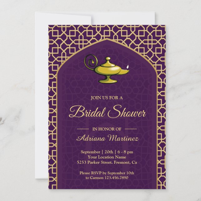 Invitation Arabian Nights Magic Lamp Purple Fête des mariées (Devant)